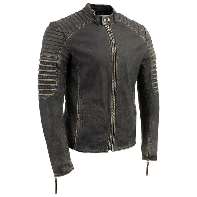 Milwaukee Leather men's black vintage leather jacket with seamed detailing, shoulder design, and front zipper closure.