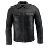 Milwaukee Leather men's black lambskin patch pocket leather jacket, stylish and fitted, shown on a model.