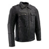 Milwaukee Leather men's black lambskin patch pocket leather jacket, front view showing classic style and smooth leather texture.