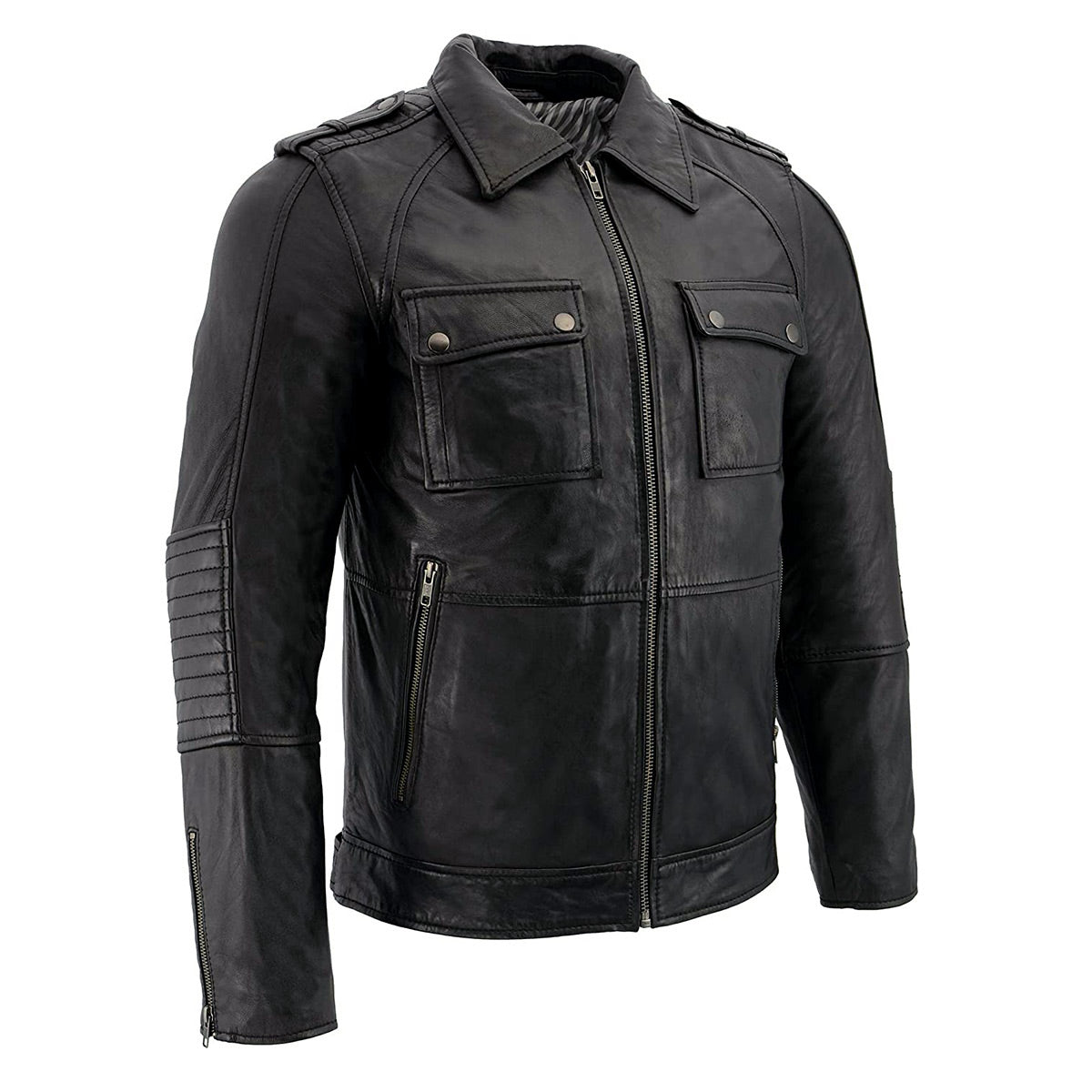 Milwaukee Leather men's black lambskin patch pocket leather jacket, front view showing classic style and smooth leather texture.