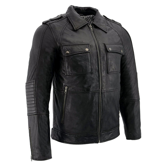 Milwaukee Leather men's black lambskin patch pocket leather jacket, front view showing classic style and smooth leather texture.