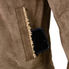 Milwaukee Leather men's vintage taupe suede coat with plush sherpa lining, classic style, and tailored fit.