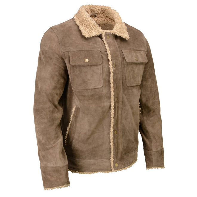 Milwaukee Leather vintage men's taupe suede leather jacket with plush Sherpa lining, stylish classic design, HighwayLeather brand.