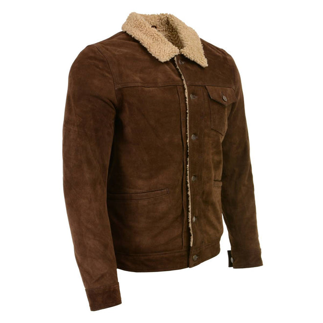 Milwaukee Leather vintage men's brown suede fashion coat with plush Sherpa lining, stylish men's jacket from HighwayLeather.