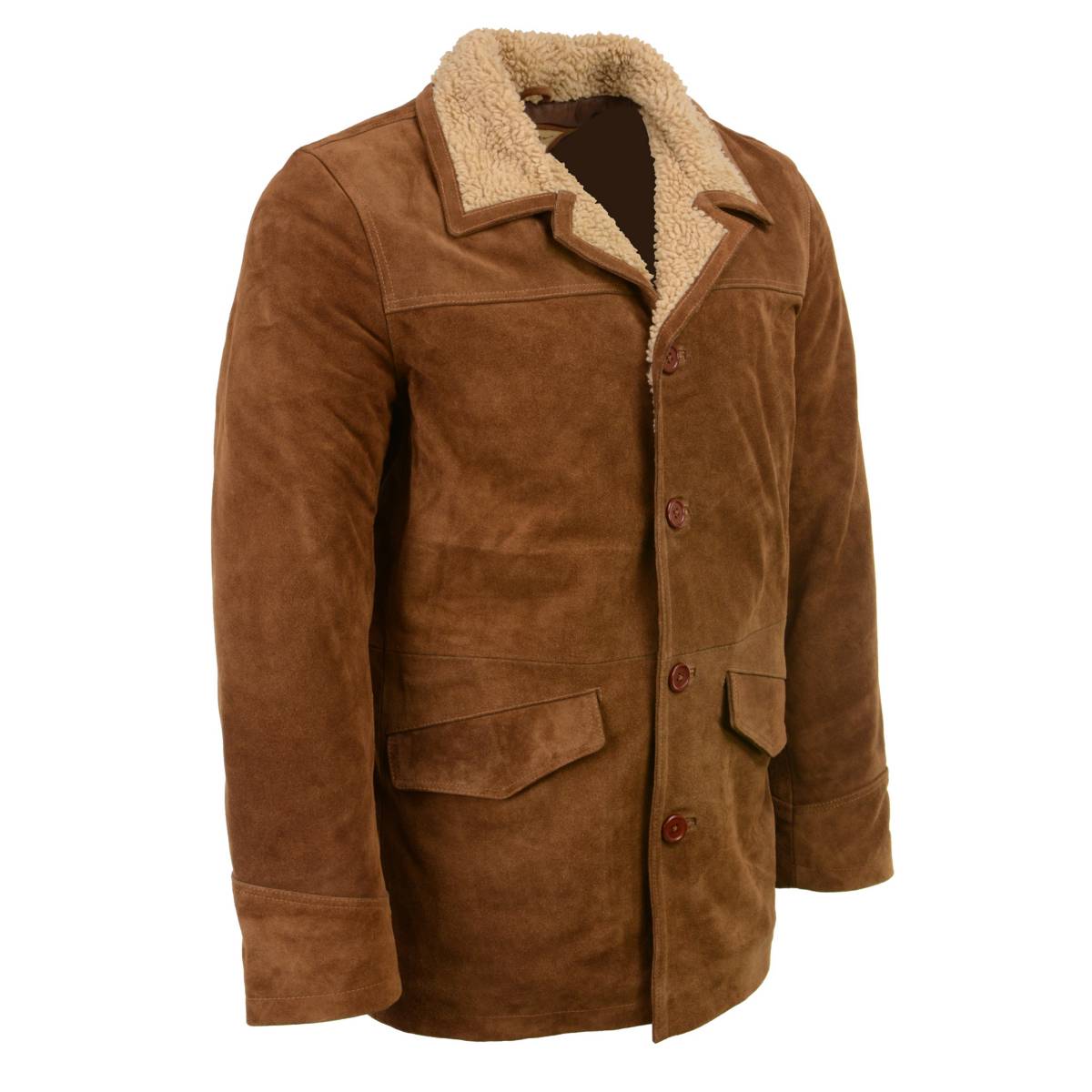 Men's vintage brown suede leather Western style coat jacket by HighwayLeather, featuring a long design and classic Western detailing.