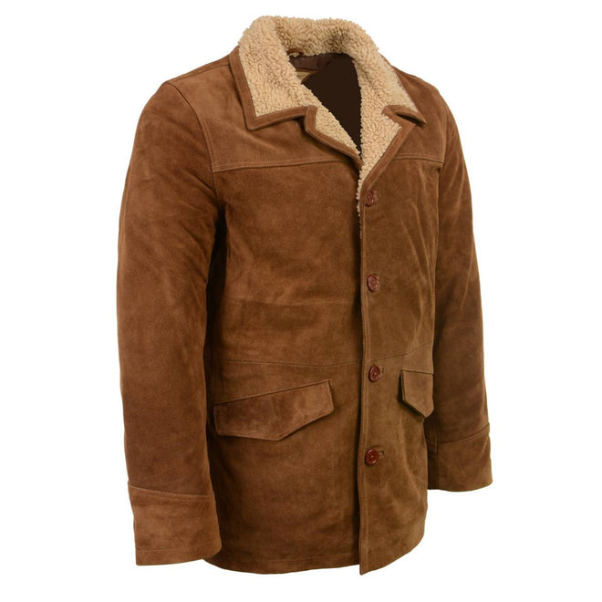 Men's vintage brown suede leather Western style coat jacket by HighwayLeather, featuring a long design and classic Western detailing.
