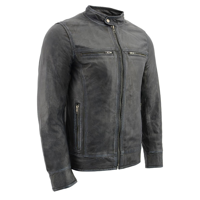 Milwaukee Leather men's Cafe Racer black and grey leather jacket with triple stitch details, stylish men's jacket for riding or casual wear.