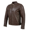 Milwaukee Leather men's brown Cafe Racer leather jacket with snap collar, stylish men's jacket, front view of the SFM1835 model