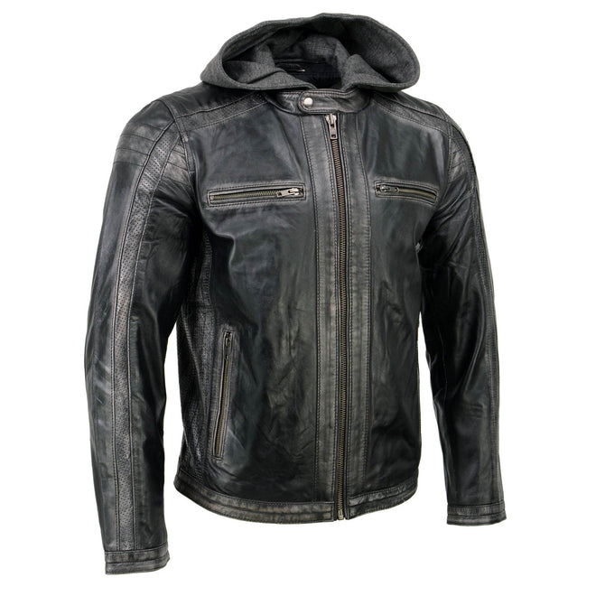 Milwaukee Leather men's black casual leather jacket with removable hoodie, featuring a stylish design and front zipper closure.