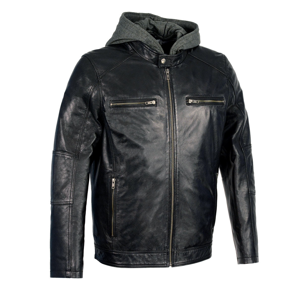 Milwaukee Leather men's black motorcycle-style jacket with snap collar and removable hoodie, casual fashion leather jacket.
