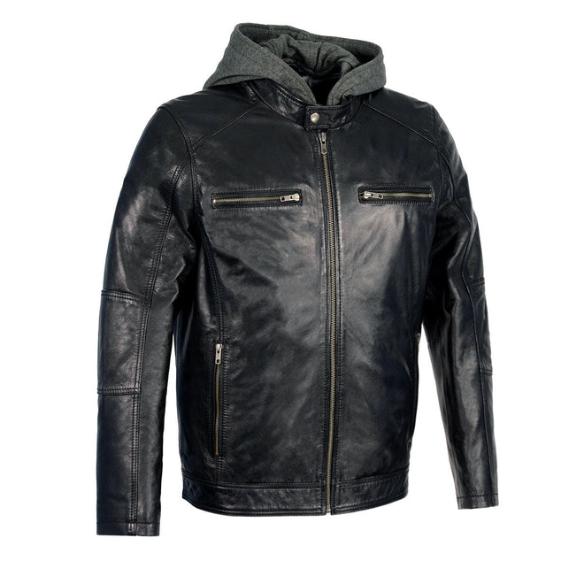 Milwaukee Leather men's black motorcycle-style jacket with snap collar and removable hoodie, casual fashion leather jacket.