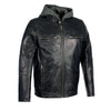 Milwaukee Leather men's black motorcycle style leather jacket with snap collar and removable hoodie, casual fashion for men.