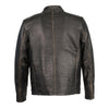 Milwaukee Leather men's black and brown leather moto racer jacket with throat latch and detailed stitching.