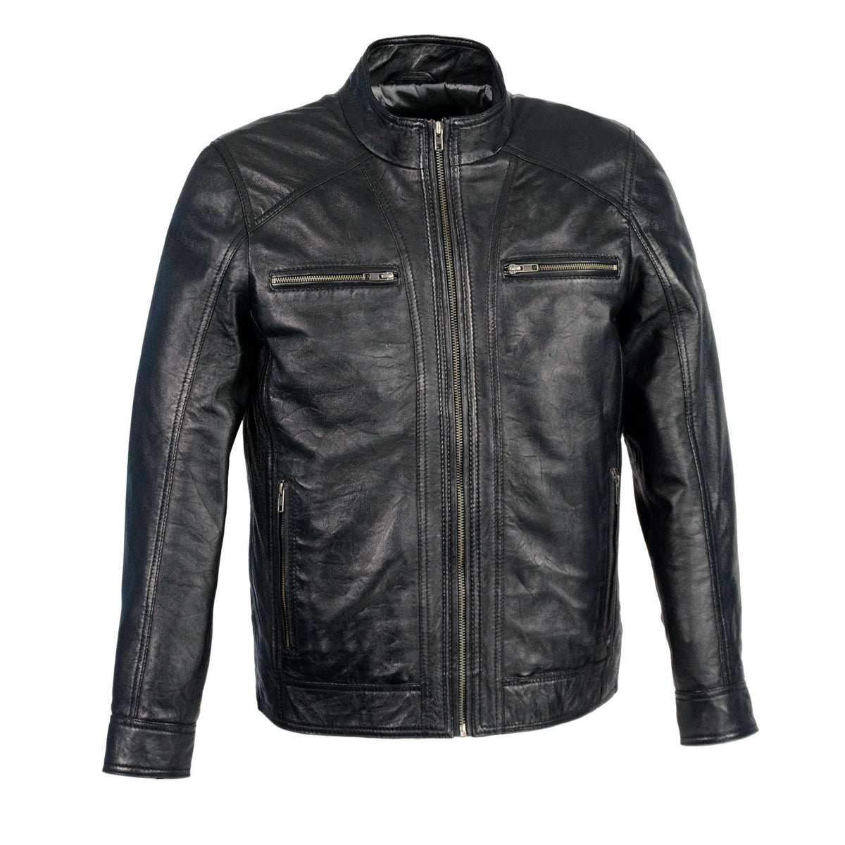 Milwaukee Leather men's black motorcycle jacket with front zipper closure, stylish fashion design and durable leather material.