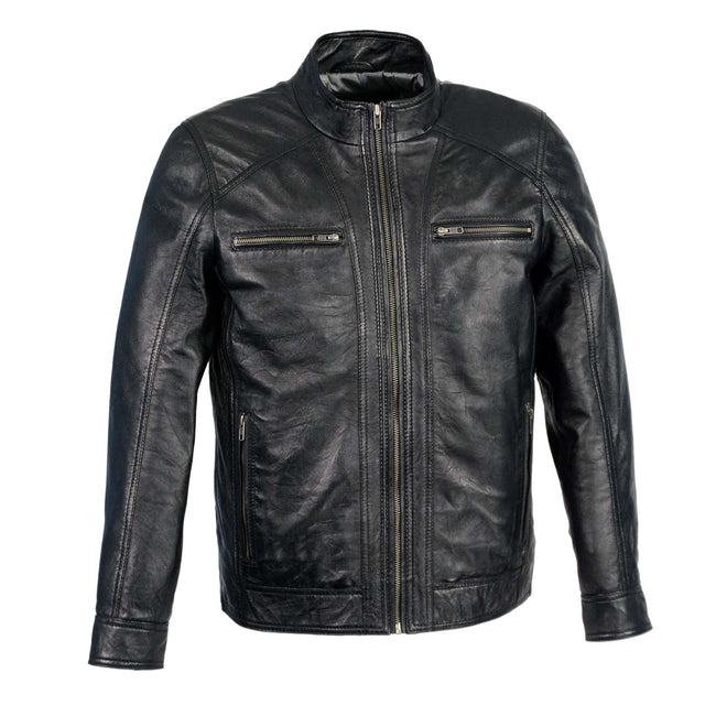 Milwaukee Leather men's black motorcycle jacket with front zipper closure, stylish fashion design and durable leather material.