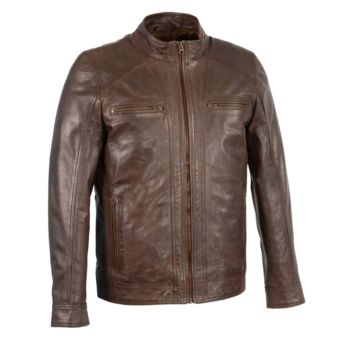 Milwaukee Leather men's broken brown leather jacket with front zipper closure, stylish and durable men's jacket.