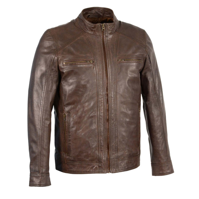 Milwaukee Leather men's broken brown leather jacket with front zipper closure, stylish and durable men's jacket.