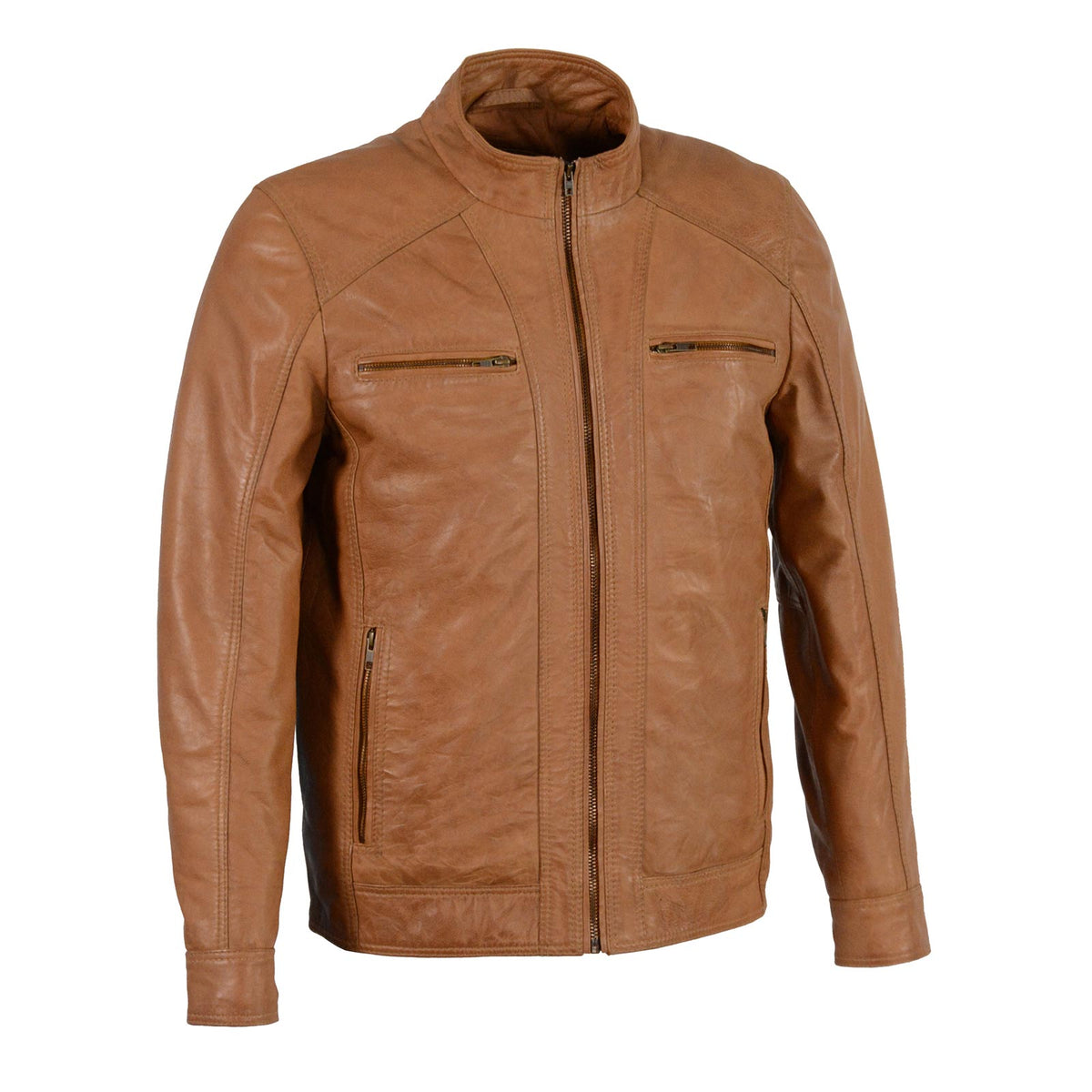 Milwaukee Leather men's SFM1860 lambskin saddle motorcycle jacket, black, with front zipper and stylish leather design.