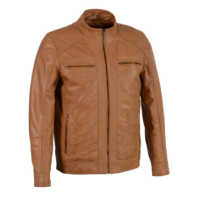 Milwaukee Leather men's SFM1860 lambskin saddle motorcycle jacket, black, with front zipper and stylish leather design.