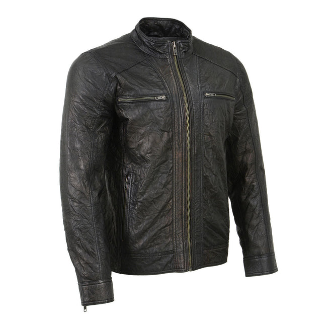 Milwaukee Leather men's two-tone leather jacket with front zipper closure, stylish and durable men's jacket in black and brown leather.