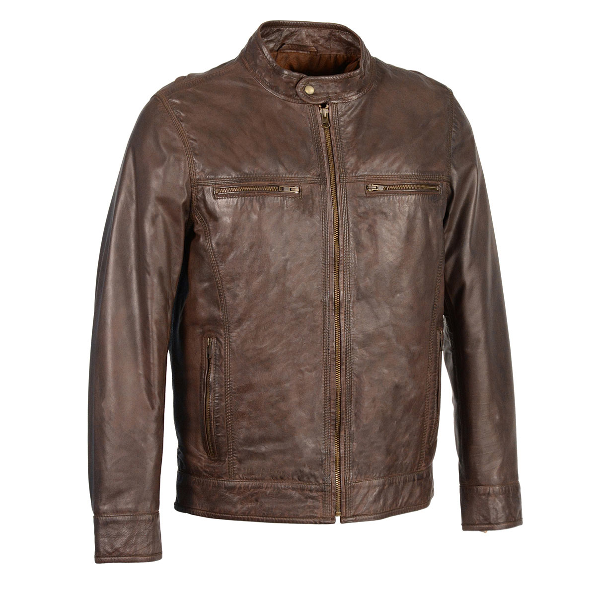Milwaukee Leather men's broken brown leather jacket with front zipper closure, stylish men's jacket with durable leather material.