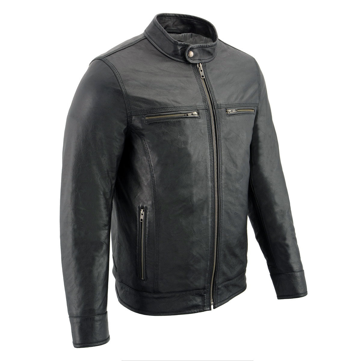Milwaukee Leather men's black classic moto leather jacket with front zipper and stylish design, perfect for motorcycle riders.