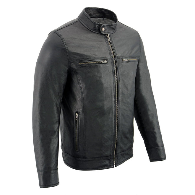 Milwaukee Leather men's black classic moto leather jacket with front zipper and stylish design, perfect for motorcycle riders.