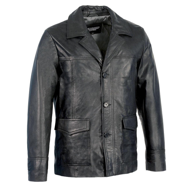 Milwaukee Leather men's black button closure car coat blazer leather jacket, stylish and tailored for a classic look.