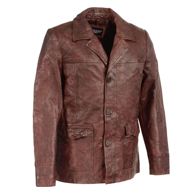Milwaukee Leather men's red leather blazer jacket with button closure, classic car coat style, shown from the front.