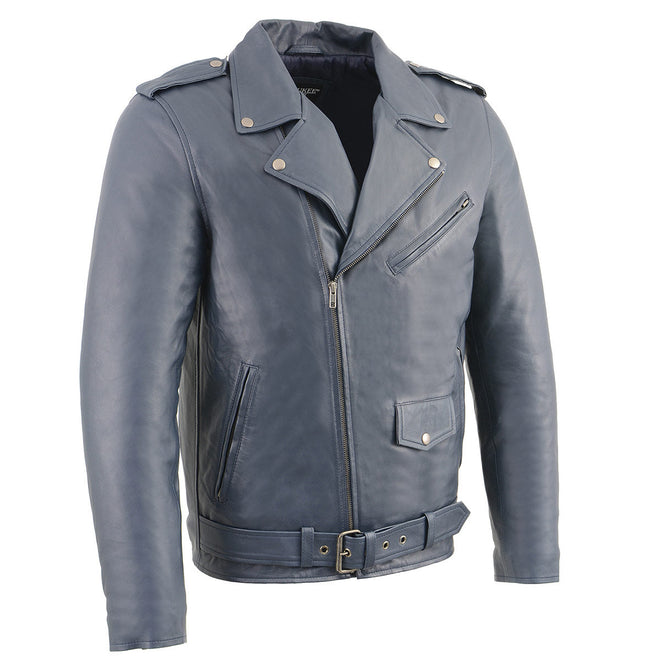 Milwaukee Leather men's blue leather classic moto jacket with front zipper and stylish design, perfect for motorcycle riding.
