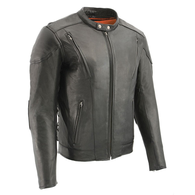 Milwaukee Leather Tall SH1010 men's black vented motorcycle leather jacket with side laces, tall sizing, visible zipper details.