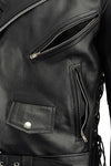 Milwaukee Leather men's black Brando motorcycle jacket with cowhide leather and side lacing, shown with pocket detail.