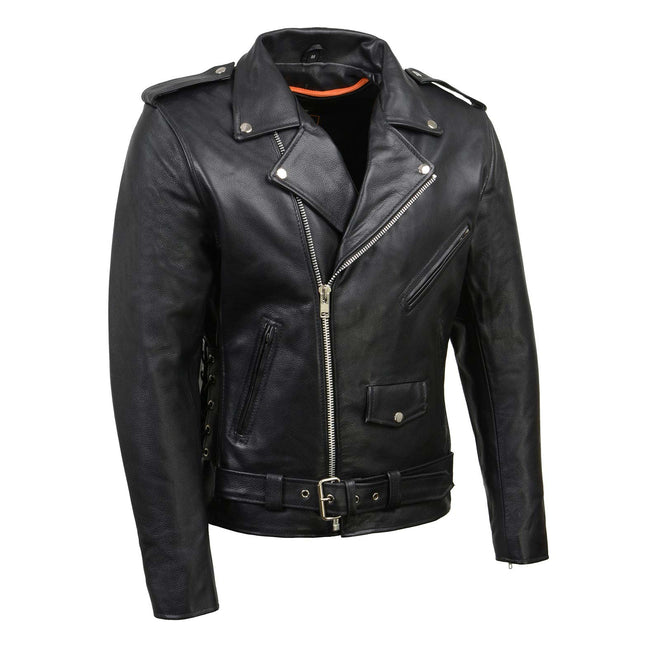 Black Milwaukee Leather Brando motorcycle jacket for men made of cowhide leather with side lacing, classic biker style.