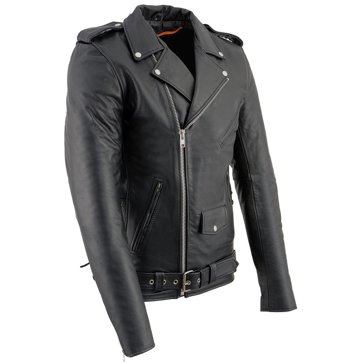 Milwaukee Leather men's black Brando motorcycle jacket made of cowhide leather with side lacing, tall design and classic style.