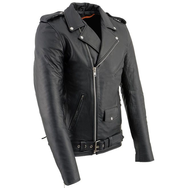 Milwaukee Leather men's black Brando motorcycle jacket made of cowhide leather with side lacing, tall design and classic style.