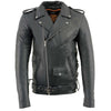 Milwaukee Leather men's black Brando motorcycle jacket with cowhide leather and side lacing, tall fit, classic style, front view.