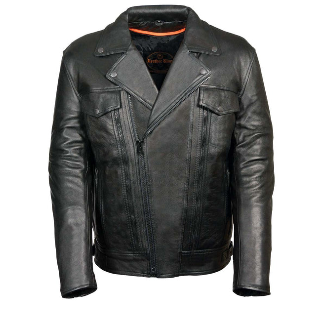Milwaukee Leather men's black motorcycle jacket with utility pockets, featuring a stylish design and protective details.