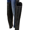 Milwaukee Leather Women's black braided and fringed leather motorcycle chaps with black rose embroidery and classic design.