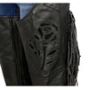 Milwaukee Leather Women's black braided and fringed leather motorcycle chaps with black rose embroidery, classic style and detailing.