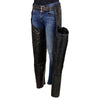 Milwaukee Leather Women's black braided and fringed leather motorcycle chaps with black rose embroidery, stylish and protective.