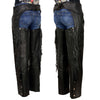 Milwaukee Leather Women's black braided and fringed leather motorcycle chaps with black rose embroidery, back side view.