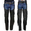Milwaukee Leather women's black braided and fringed leather motorcycle chaps with black rose embroidery, front and back views.