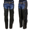 Milwaukee Leather Women's black braided and fringed leather motorcycle chaps with black rose embroidery, front side view.