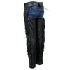 Milwaukee Leather Women's black leather motorcycle chaps with braided, fringed design and purple rose embroidery rear view