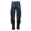 Milwaukee Leather women's black leather motorcycle chaps with braided, fringed design and purple rose embroidery, viewed from the back.