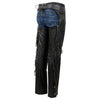 Milwaukee Leather Women's black braided and fringed leather motorcycle chaps with purple rose embroidery, back view.