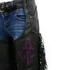 Milwaukee Leather women's black braided and fringed leather motorcycle chaps with purple rose embroidery, close-up view.