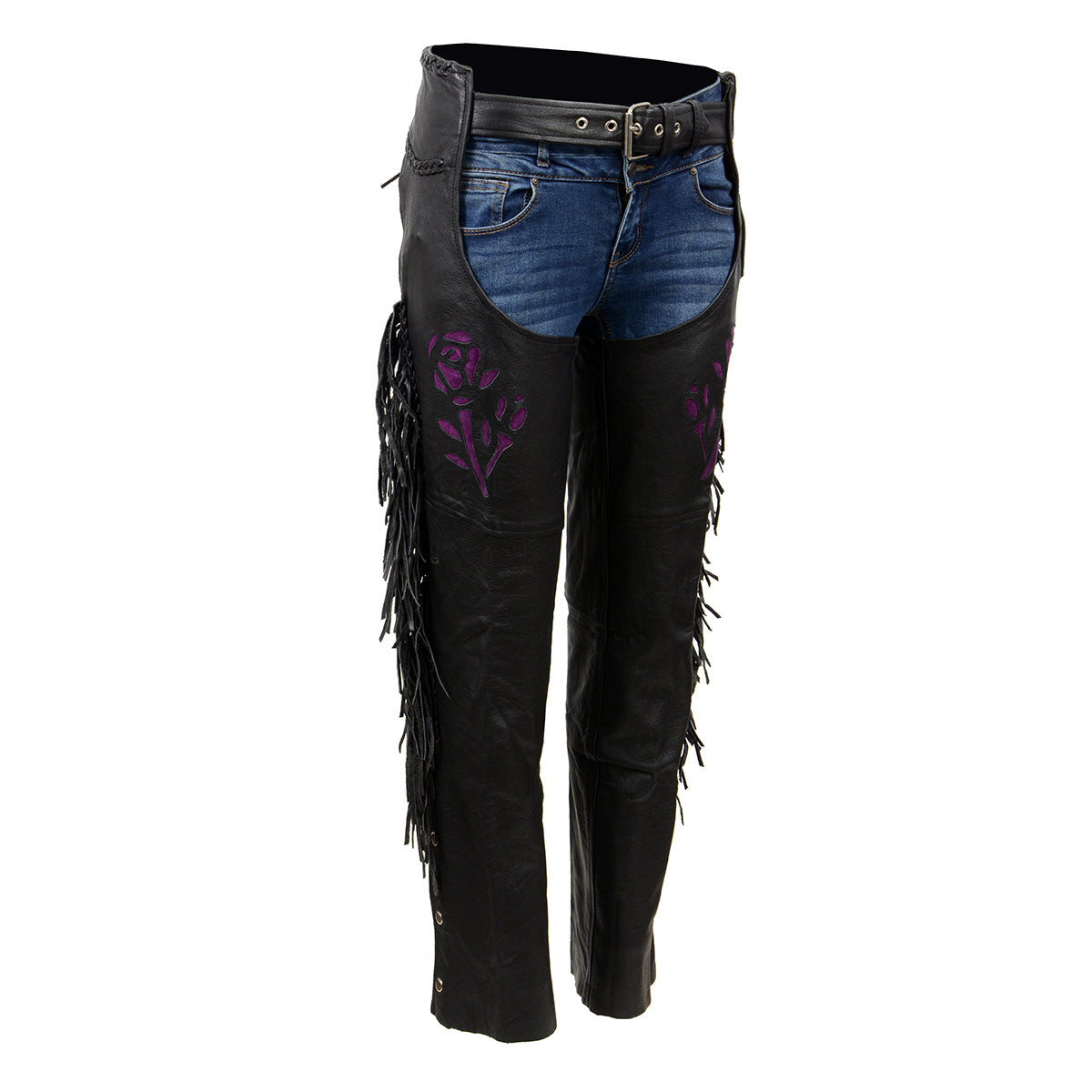 Milwaukee Leather Women's black braided and fringed motorcycle chaps with purple rose embroidery, featuring classic leather design.