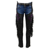 Milwaukee Leather Women's black leather motorcycle chaps with braided fringe and purple rose embroidery, front view.