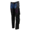 Milwaukee Leather Women's black leather motorcycle chaps with braided fringe and purple rose embroidery, front view.